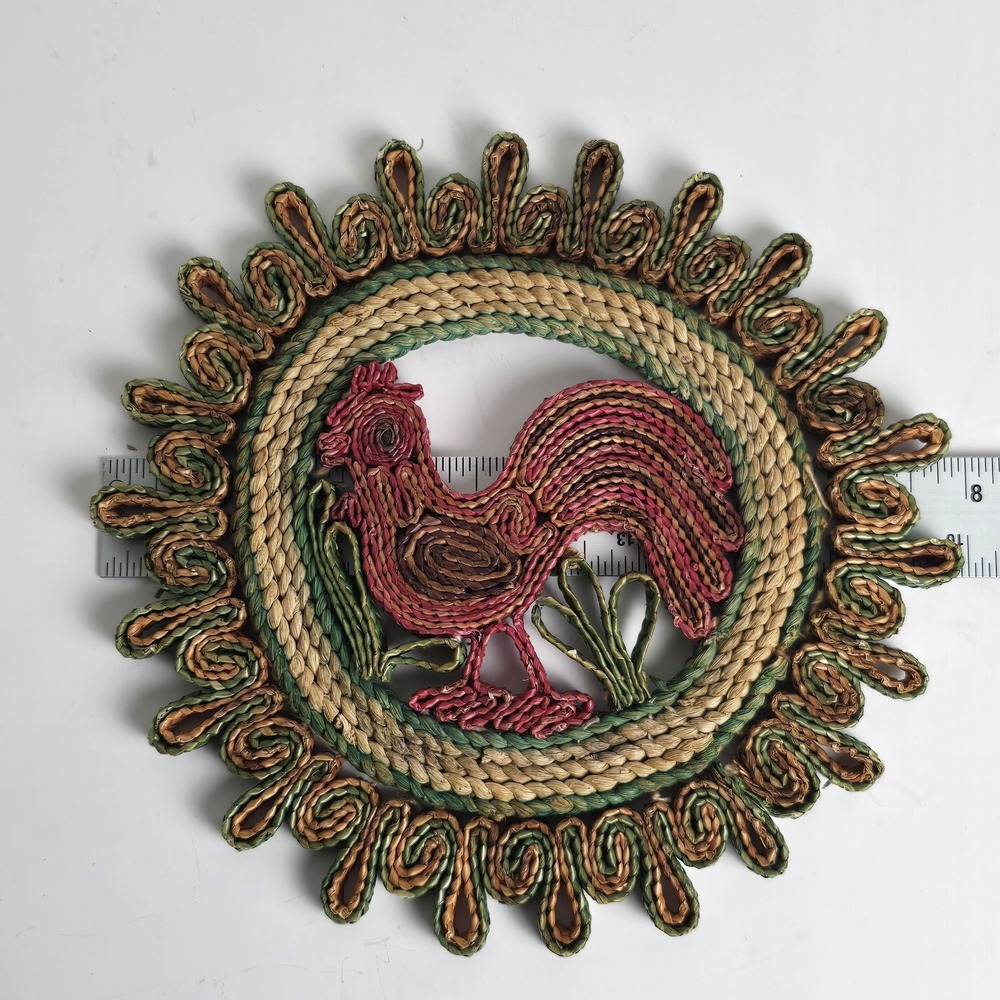 1970s Red Abaca Hemp Rooster Round Woven Trivet Hot Pad Cottagecore Farmcore